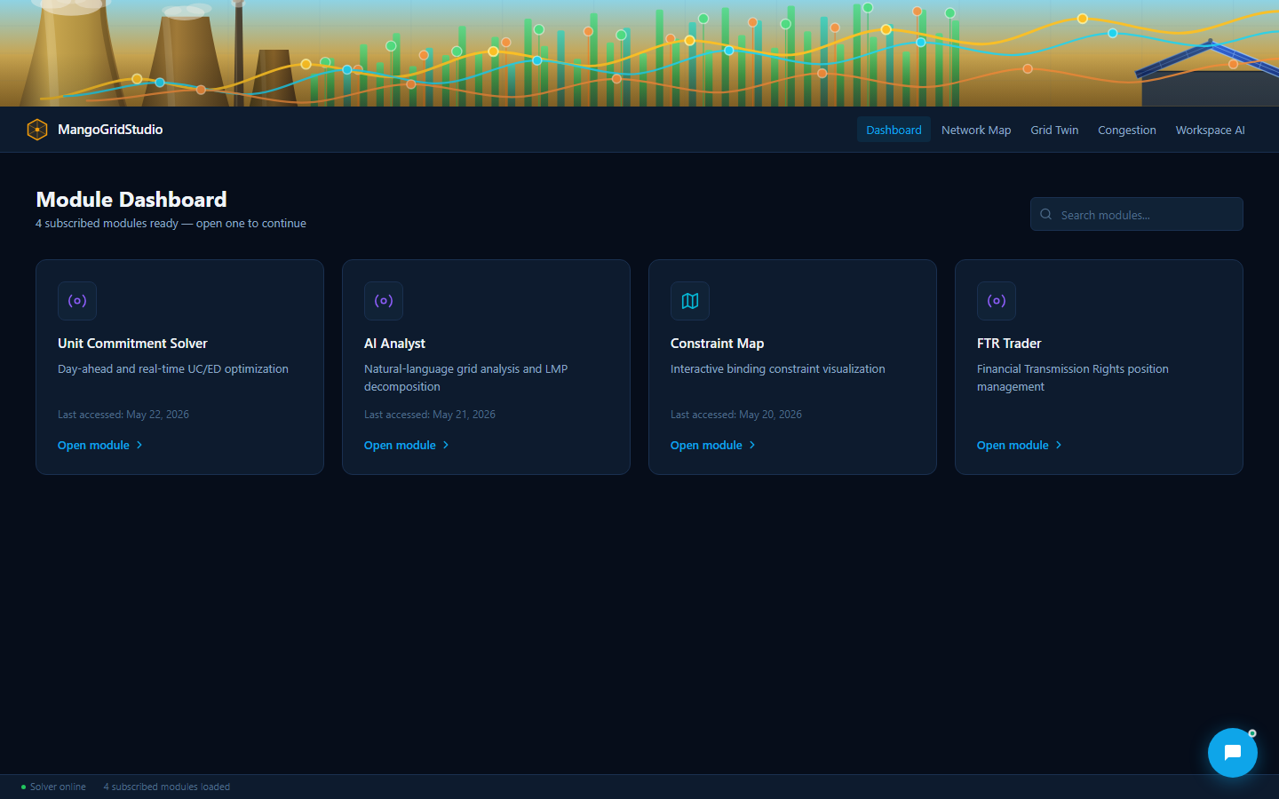 MangoGridStudio home dashboard showing active module subscriptions