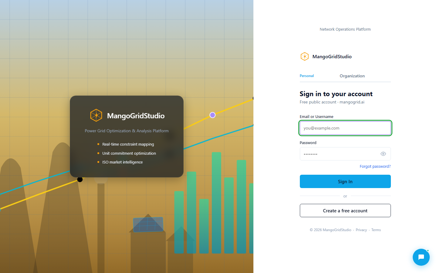 MangoGridStudio login screen with email and password fields