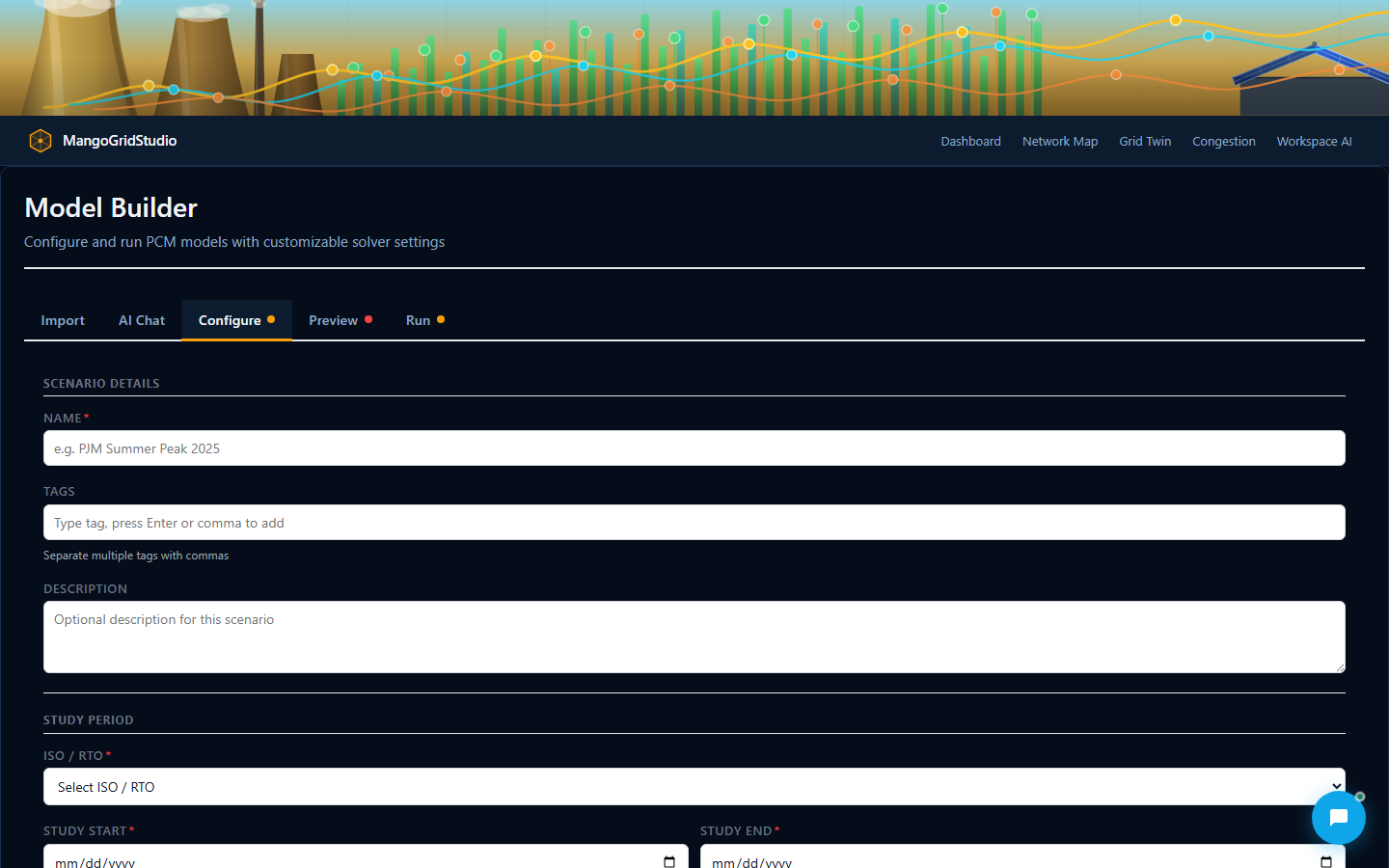 Model Builder configure tab with scenario name, tags, and study period settings