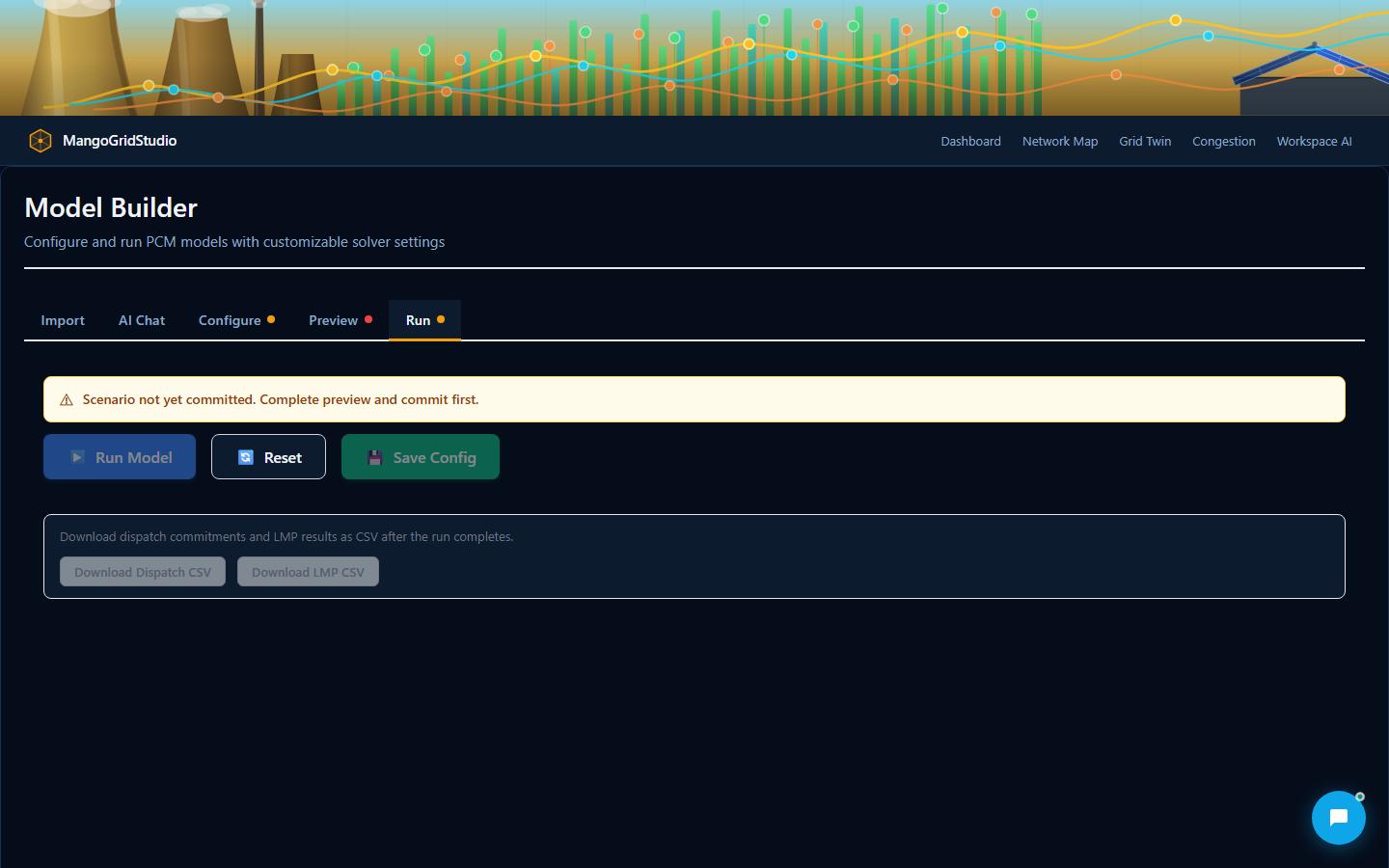 Model Builder run tab showing Run Model, Reset, and Save Config controls